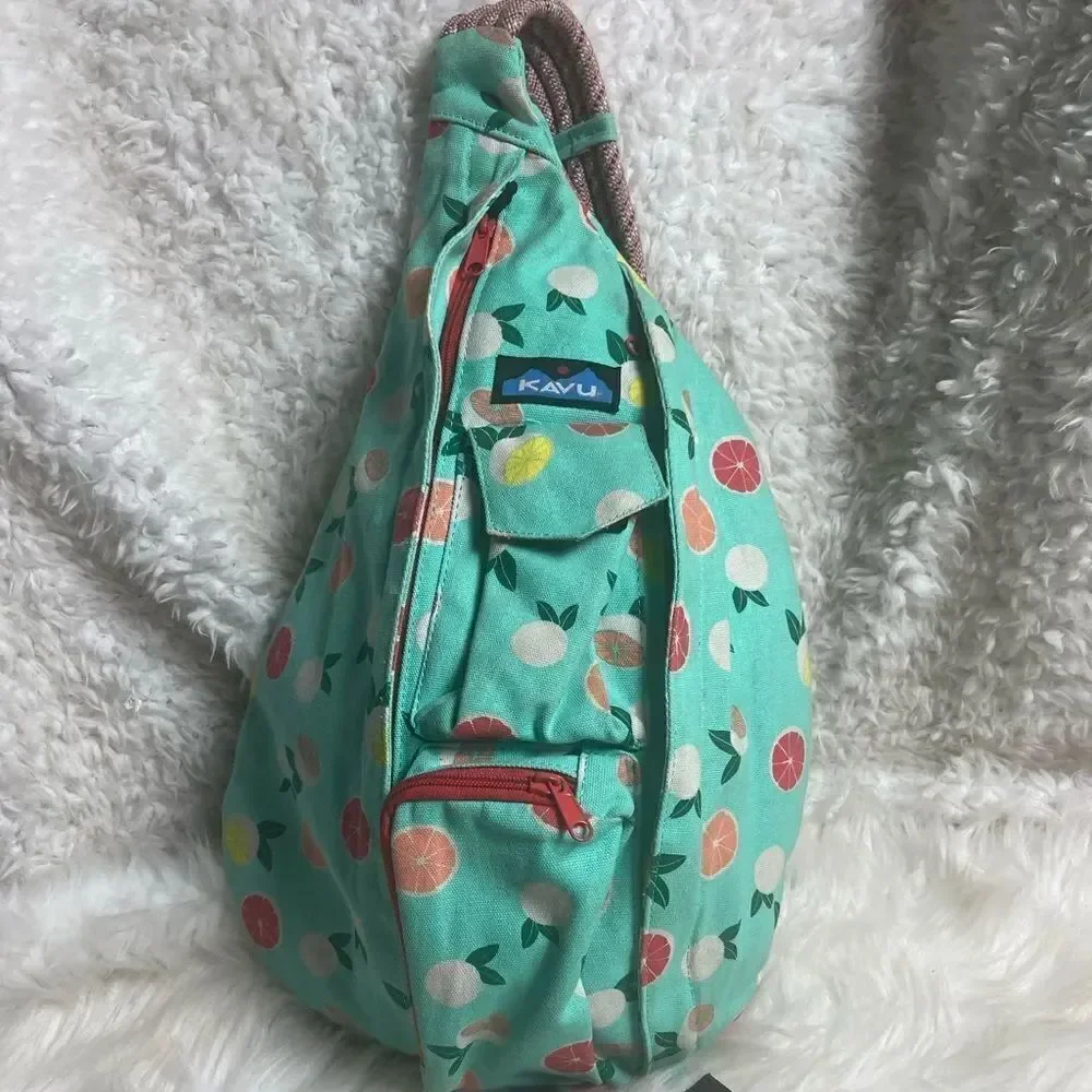 Kavu rope sling back canvas mint green with Orange,yellow, green fruit prints.